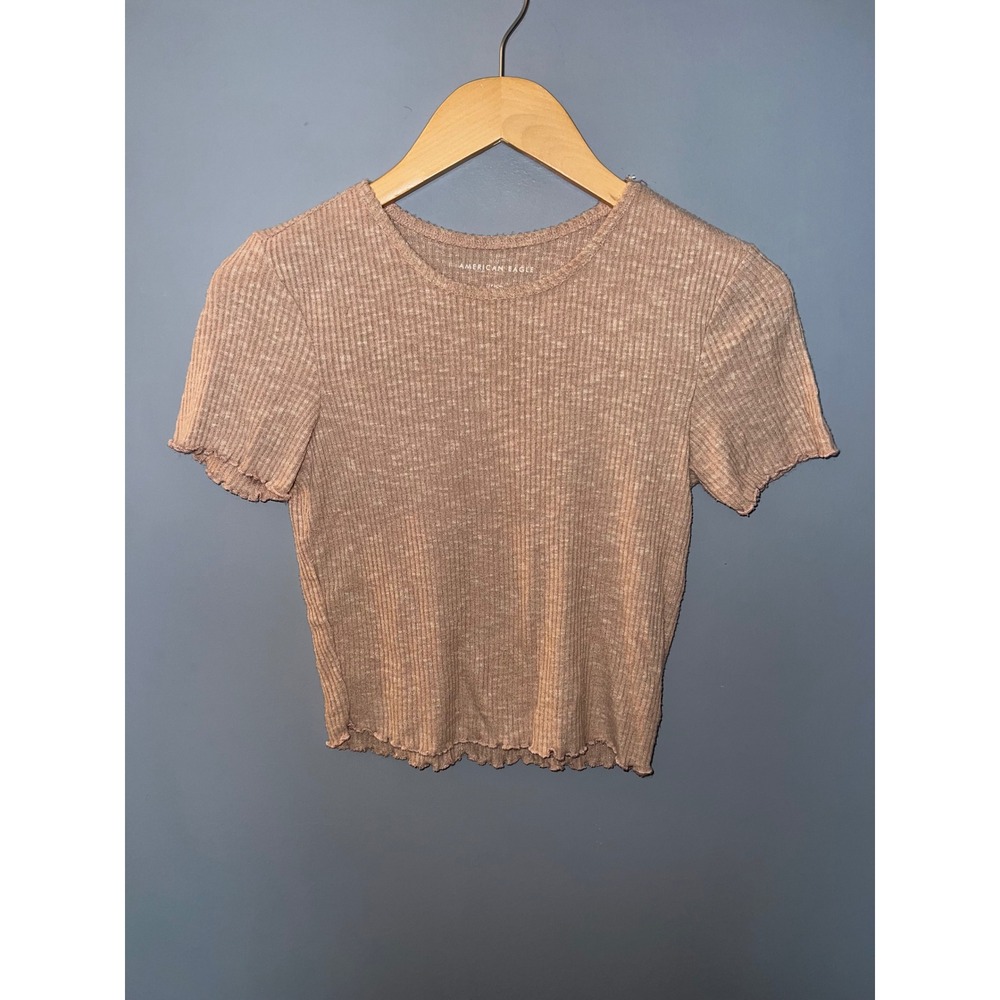 American Eagle Mauve Pink Ribbed Lettuce Edge Short Sleeve Crop Top Small